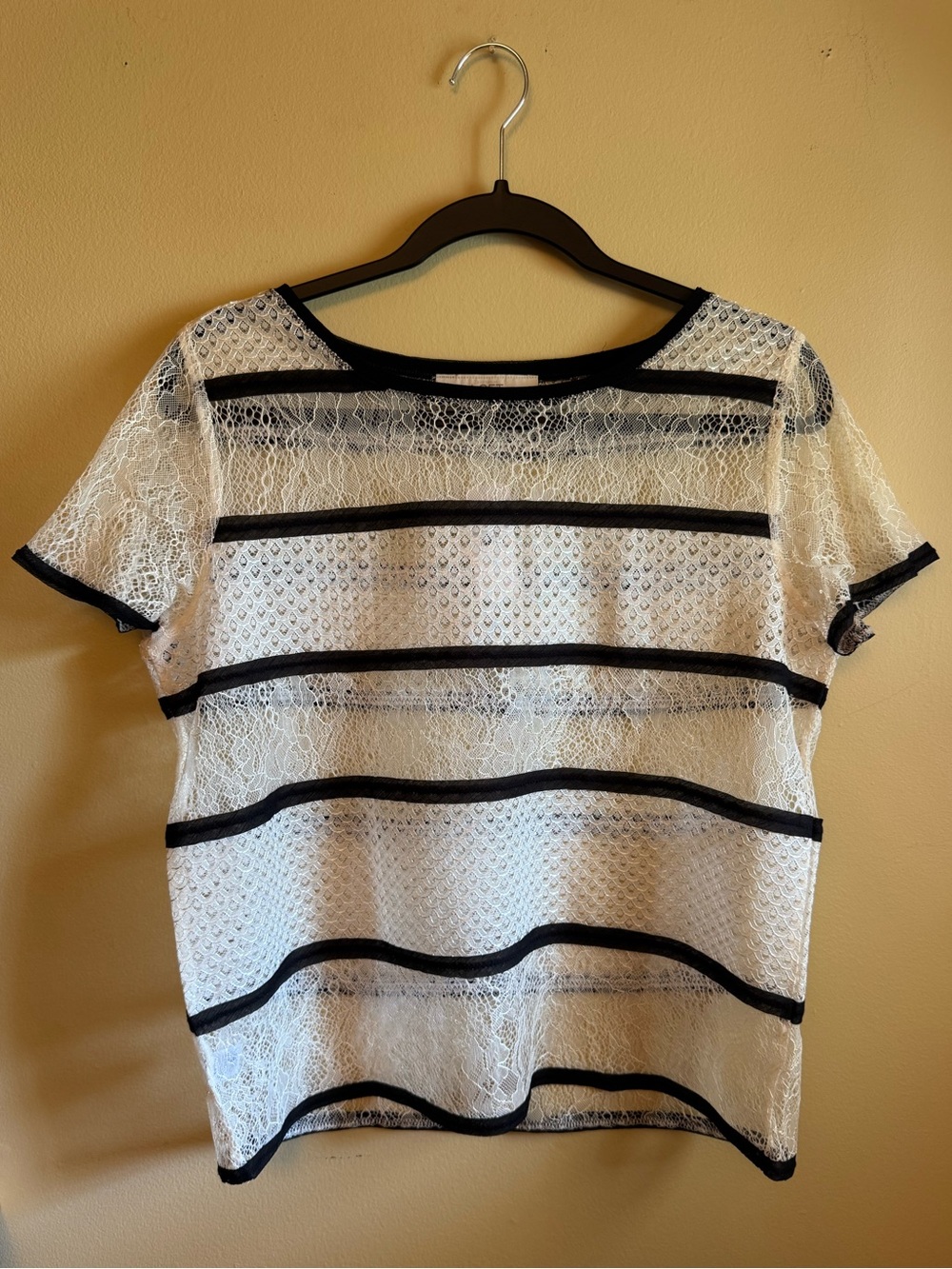 LOFT White Lace Short Sleeve Top with Black Stripes